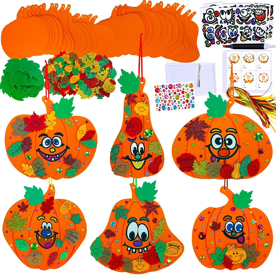 Winlyn 30 Sets Fall Halloween Pumpkin Decorations DIY Pumpkin Craft Kits Foam Pumpkin Shapes 8" W and Smile Fall Leaves Glitter Leaves Pumpkin Decorating Stickers for Kids Classroom Party Activities