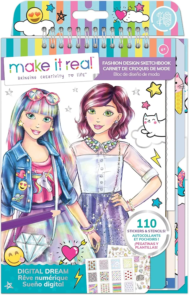 Make It Real: Fashion Design Sketchbook: Digital Dream - Includes 110 Stickers & Stencils, Draw Sketch & Create, Fashion Coloring Book, Tweens & Girls, Kids Ages 6+