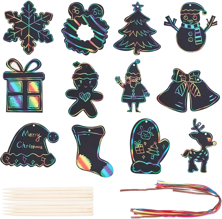 CREATCABIN 24Pcs 12 Styles Christmas Rainbow Scratch Paper Art Set Black Scratch It Off Magic Paper Crafts Supplies Hanging Decor Wooden Stylus for Christmas Tree Bulk Winter Party Home Classroom Gift
