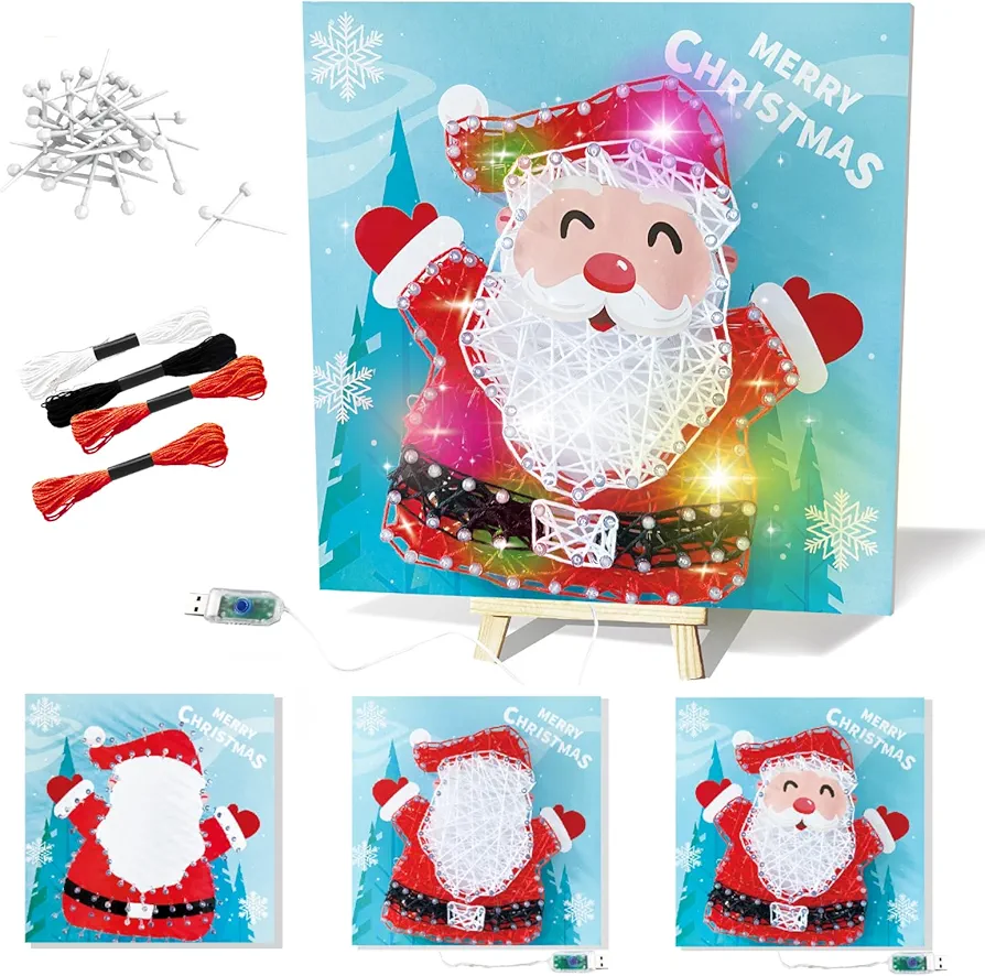 String Art Kit for Kids: Christmas Santa Claus Art Crafts Kit for Girls Ages 8-12 with Multi-Colored LED Light, Christmas Gift Birthday Gift Holiday Gift for 8, 9, 10, 11, 12 Year Old Girl and Boy