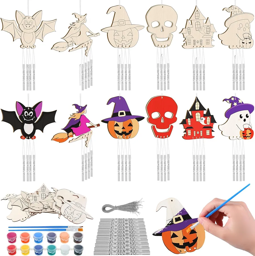 Silipull 24 Sets Halloween Wind Chimes Craft for Kids Make Your Own Wooden Wind Chime DIY Coloring Hanging Wind Chime Wood Arts and Crafts for Halloween Party Favor Supplies Home Classroom Activities