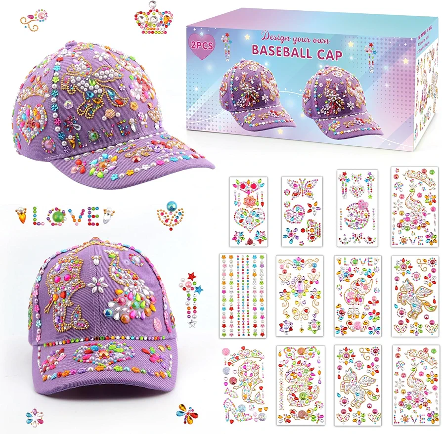 Back to School Gifts Crafts for Girls Ages 6-8-12 Decorate Your Own Baseball Caps, Arts and Crafts Kit for Kids 4-12, Gifts for 4 5 6 7 8 9+ Year Old Girl Unicorn Stickers Glitter Gems DIY Girls Craft