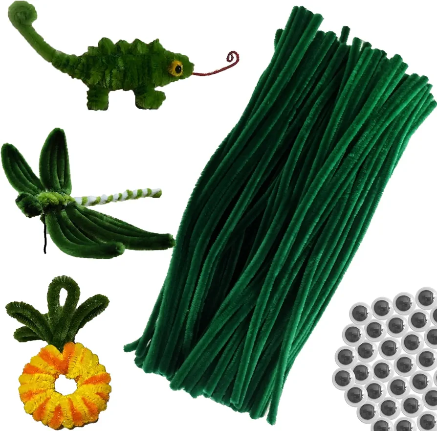 100Pcs Green Pipe Cleaners Chenille Stems for DIY Art & Crafts with Googly Eyes 100Pcs (12inch x 6mm)