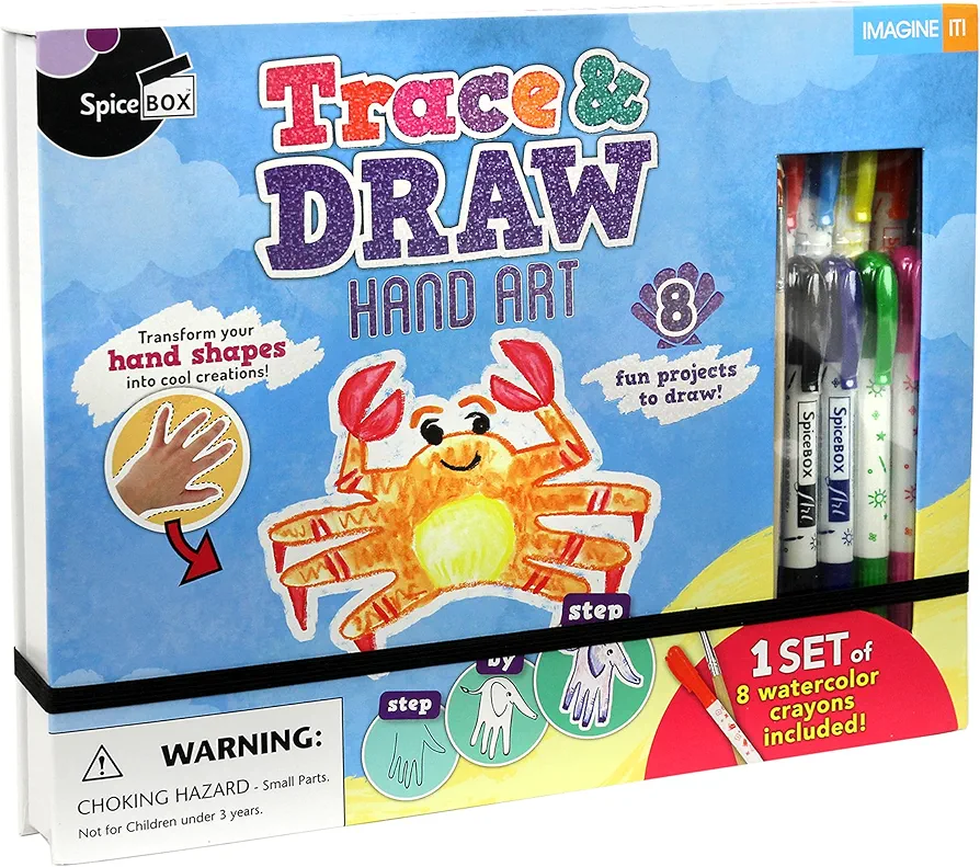 SpiceBox Handprint Drawing Tracing Kit for Kids with Watercolor Crayons and Pad, Trace and Draw Hand Art, Children's Crafts DIY Activity Set, Creative Gifts, Multi Colors (12933)