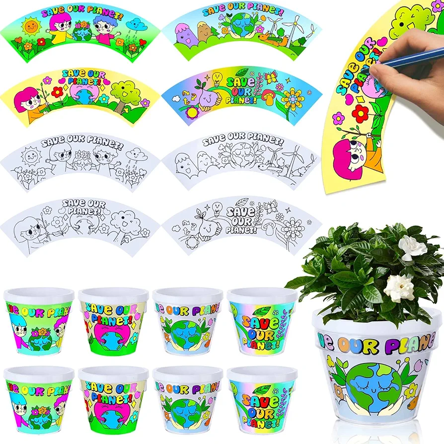 Nitial 24 Set DIY Pot Craft Kit Flower Plant Spring Craft Including 24 Pcs Flower Pot Crafts 24 Pcs Pot Stickers Garden Plastic Pot Craft Kit for Kids DIY Craft Flower Planting