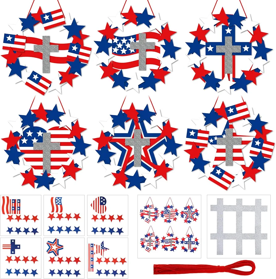 Yousoontic 30 Sets Patriotic Wreath Crafts for Kids DIY Religious 4th of July Craft Kits American Flag Patriotic Paper Crafts for Memorial Independence Day Sunday School Home Classroom Activities