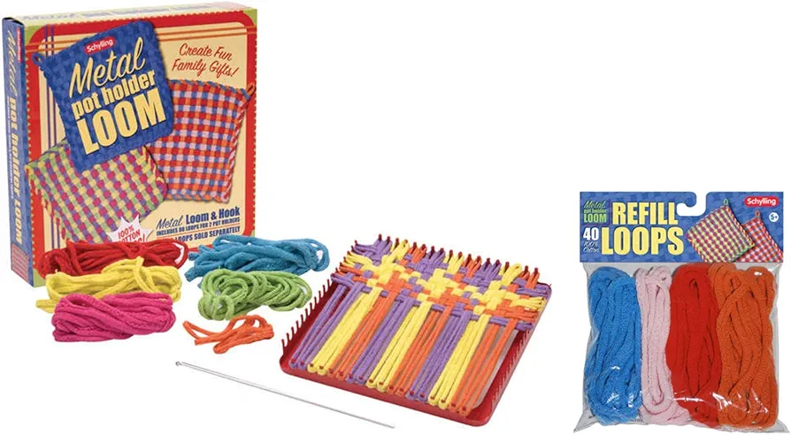 Schylling Metal Pot Holder Loom Kit & 40 Loop Refills Gift Set Bundle (Colors May Vary)