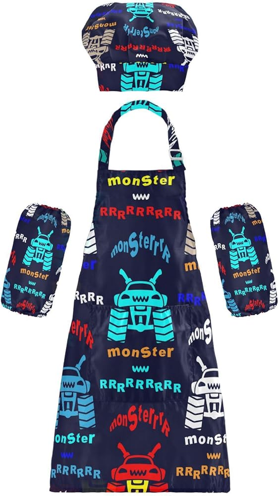 Kids Apron and Chef Hat Set, Adjustable Trucks Colorful Monster Cooking Aprons with Pockets for Art Craft Activity