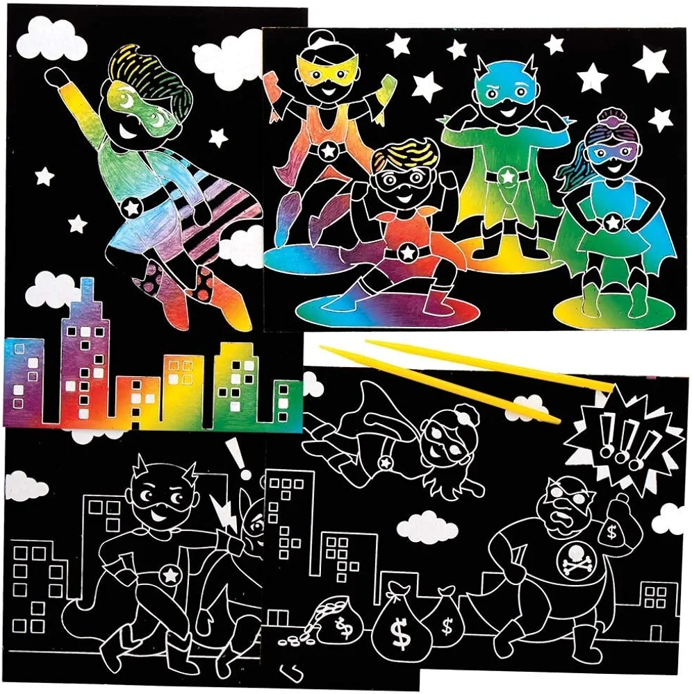 Baker Ross FE426 Star Hero Scratch Art Pictures - Pack of 8, Engraving Art for Children, Creative Activities for Kids, Art Set for Creative Minds