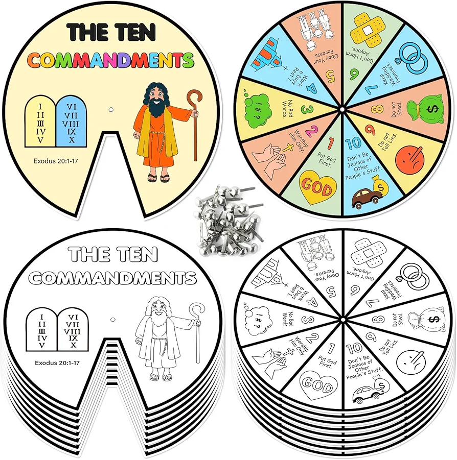 JarThenaAMCS 30 Set Ten Commandments Coloring Wheel with Silver Fasteners Bible Story Color-in Paper Wheel Kit for Sunday School Bible Activity Memory Game