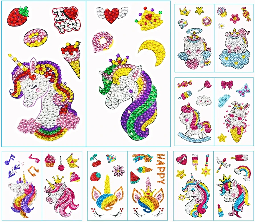 HeeBenor Diamond Painting Stickers for Kids 60 PCS Mosaic Diamond Art Stickers for Kids Diamond Painting Kit Gem Arts and Crafts Kits for Kids Diamond Dots for Kids Gift (Unicorn)