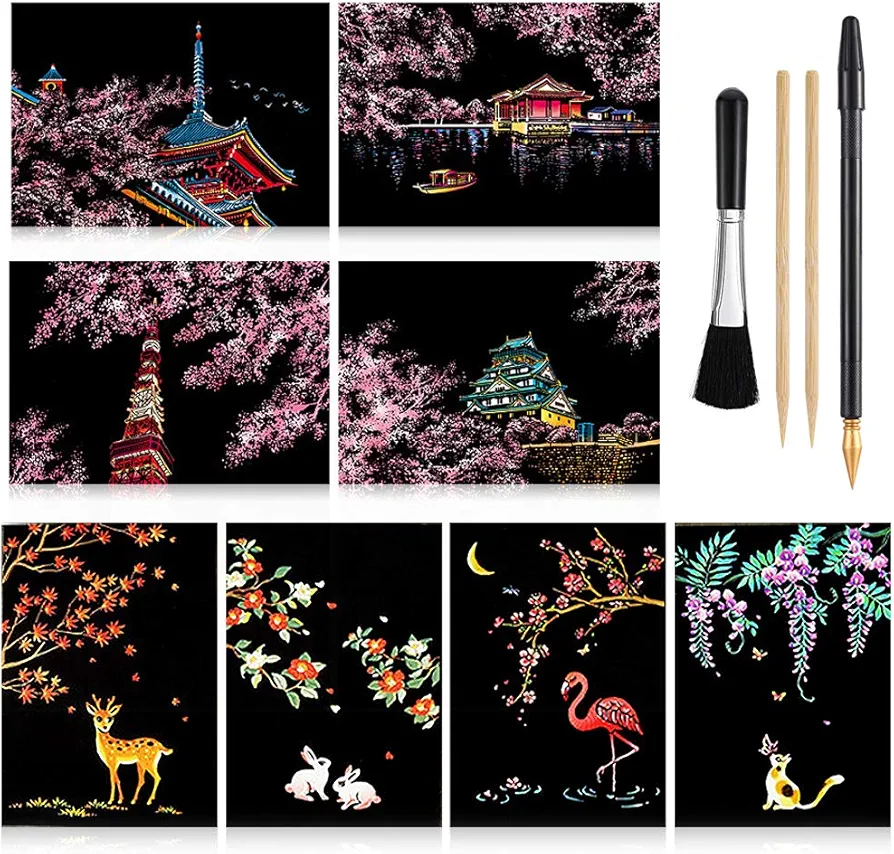 Scratch Paper Art Set, 8 Sheets Rainbow Painting Scratch Off Art Cherry Blossom & Animal Mini Postcard, Art Craft Supplies for Adults Girls & Boys Thanksgiving Christmas Birthday Party Game Gift