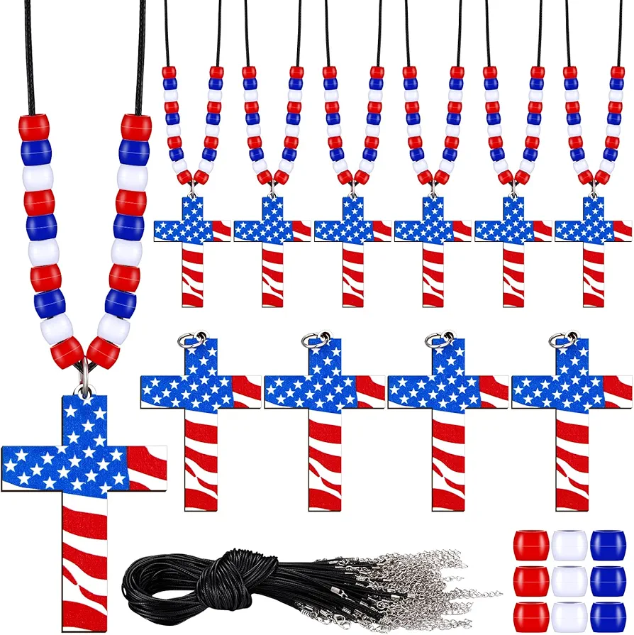 48 Set 4 of July Patriotic Craft Kits Religious Cross Necklace Craft Kit Wooden Crosses White Red and Blue Plastic Bead for DIY Patriotic Religious Craft Gifts Independence Day Sunday School