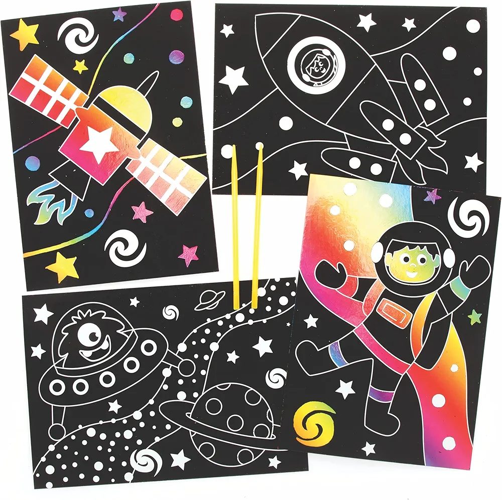 Baker Ross Solar System Scratch Art Pictures - Pack of 8, Rainbow Scratch Art, Children’s Activity Packs, Creative Activities for Kids (FE663)
