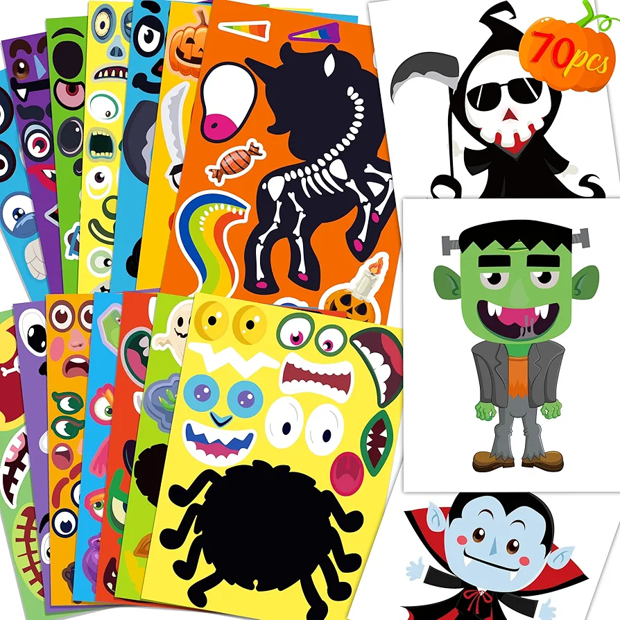 Moon Boat 70 Sheets Halloween Stickers Crafts for Kids, Make-a Zombie/Pumpkin/Ghost/Monster/Skeleton/Spider/Vampire/Reaper/Witch/Mummy Face Activity Sticker Favors Bulk Party Supplies(Small Size)