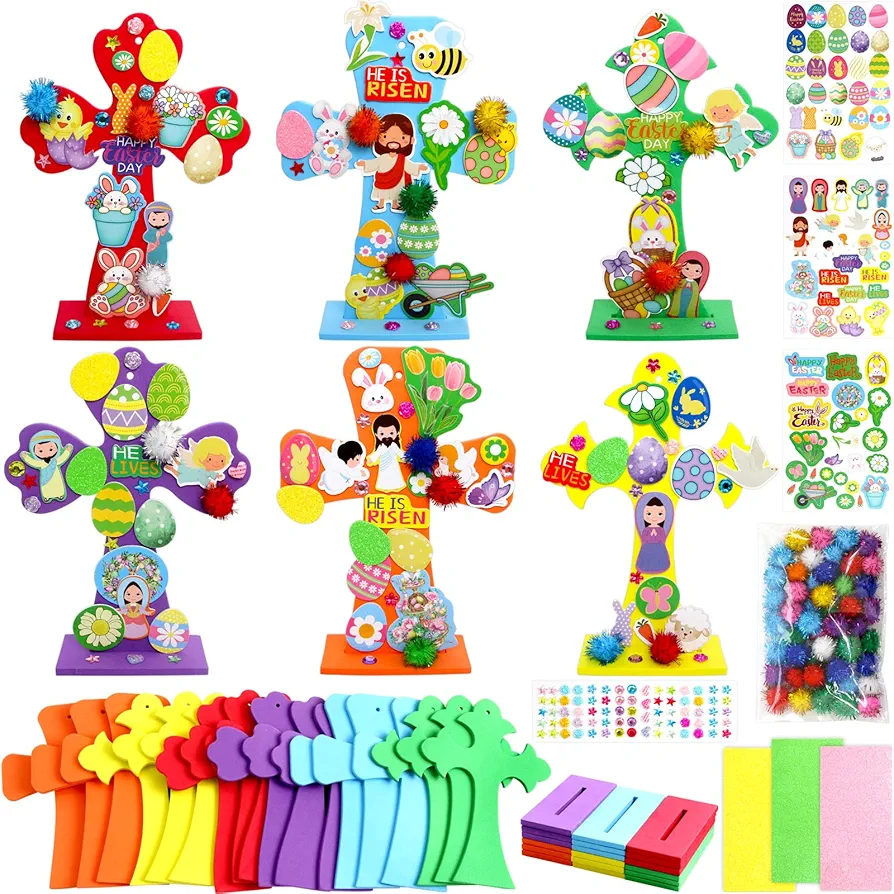 Easter Crafts for Kids Cross Religious Christian Resurrection Activities Foam Stickers Craft 18 Sets Jesus Decor Classroom Decorations Ornaments DIY Egg Bunny Chick Crosses Party Favors