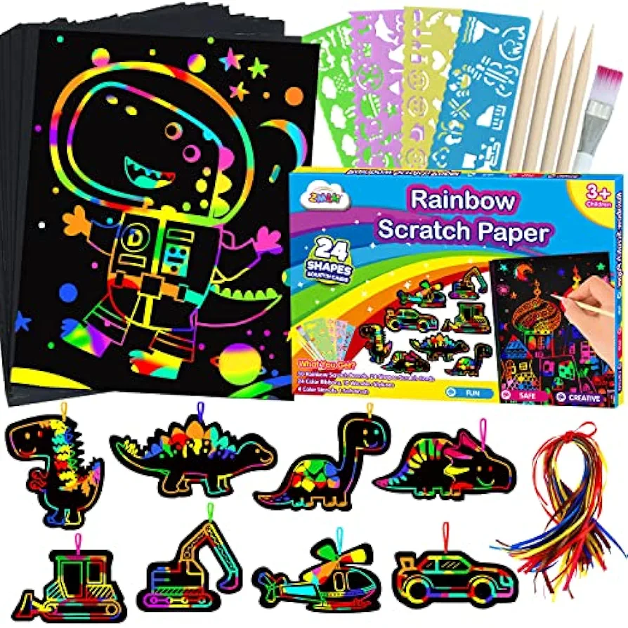 ZMLM Scratch Paper Art Boy: Magic Craft Rainbow Paper Drawing Kit Black Scratch Off Pad Sheet Toddler Preschool Toy for 3-10 Age Kid Christmas|Holiday|Party Favor|Birthday|Children's Day Gift