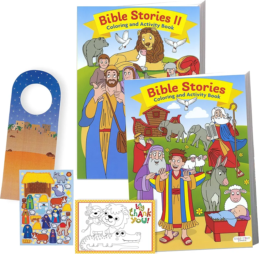 Bible Stories Coloring Book Set (2 Books ~ 96 Pages) Jesus, Noah, Daniel With Noah's Ark Stickers