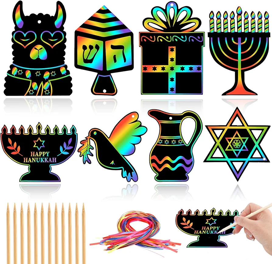 JULMELON Hanukkah Scratch Art, 36 PCS Hanukkah Craft Kits for Kids Rainbow Magic Scratch Art Chanukah Hanging Ornaments Scratch Paper for Hanukkah Decorations Kids Party Games Toys Gifts