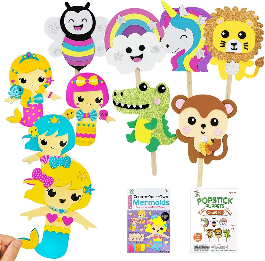 VKPI Foam Craft Bundle Popstick Puppets Craft, Creative Make Your Own Mermaids, Animals, Unicorn, EVA Foam Art Crafts Gift Paper Craft Projects