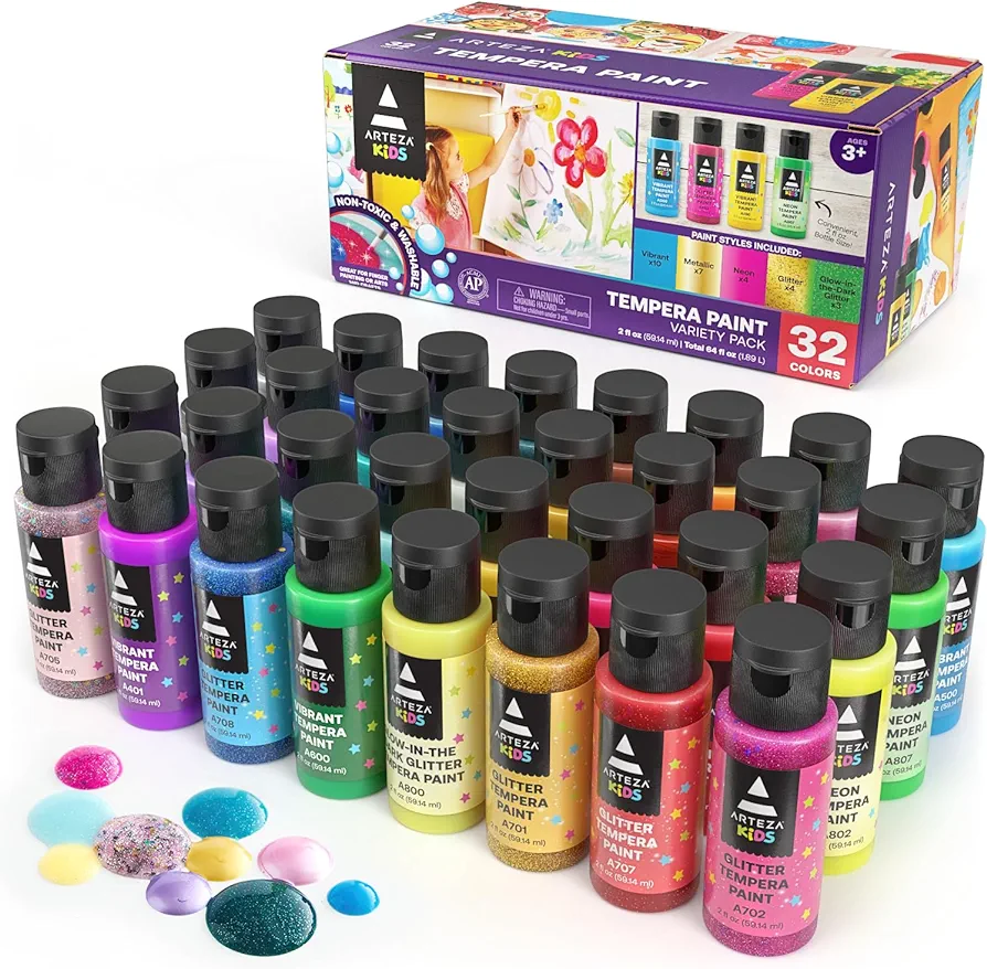 ARTEZA 32 Tempera Paint, 2.03oz/60ml Bottles, Washable Tempera Paint for Kids, Includes Neon, Glitter & Glow-in-The-Dark