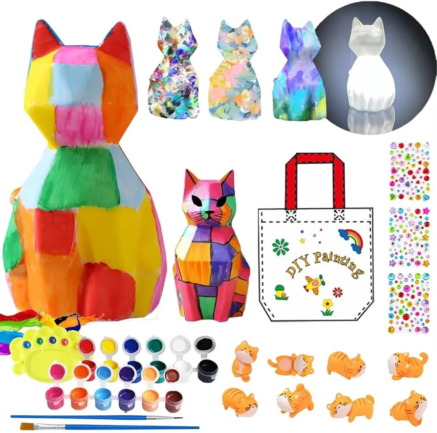 5.1 Inches Cat Lamp Arts Supplies Crafts Kit for Kids Ages 8-12, Paint Your Own Lamp Kit, DIY Gifts Creative Toys for Girls Boys Birthday