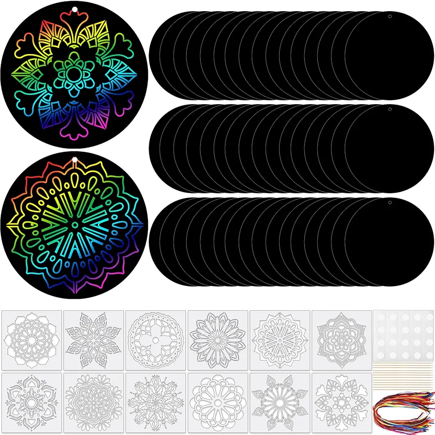 48 Pieces Mandala Scratch Cards Rainbow Xmas Scratch Paper for Kids DIY Round Ornaments with Drawing Stencils Wooden Stick and Ribbon Suitable Hobby for Adults, Kids, Teens and Seniors