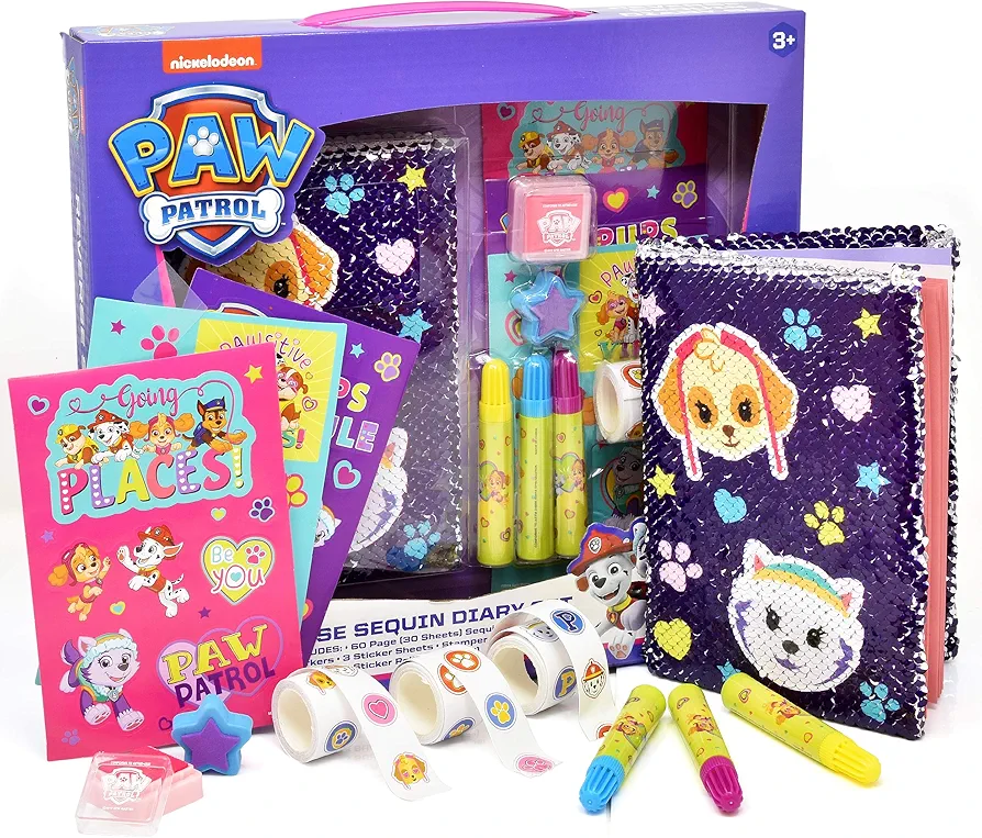 PAW Patrol Reversible Sequin Notebook Journal Set, Diary, Markers and Stickers Included, Coloring Activity Book for Drawing and Writing Kit for Girls and Kids