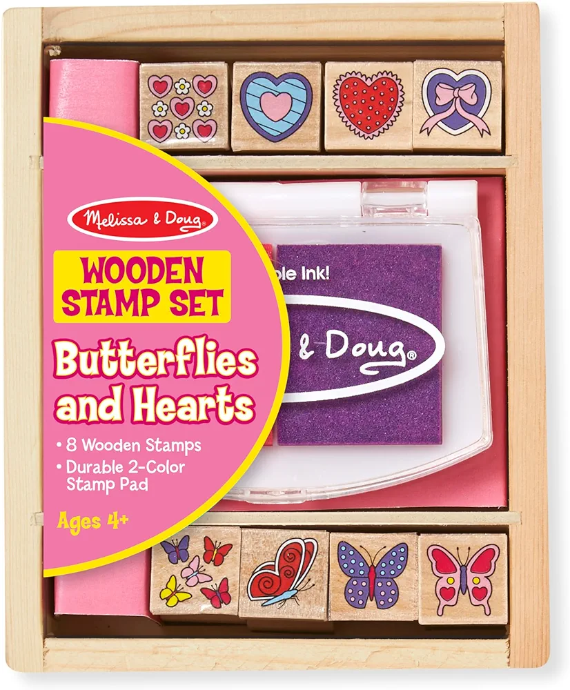 Melissa & Doug Butterfly and Heart Wooden Stamp Set: 8 Stamps and 2-Color Stamp Pad