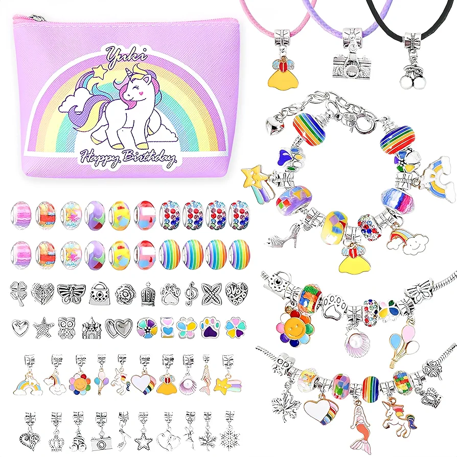 Dear Deer Charm Bracelet Making Kit, DIY Beads for Jewelry Making Kit Supplies with European Beads, Pendants, Teen Girls Arts and Crafts for Kids Ages 8-12 Unicorn Gifts Set 67 Pcs(Purple)