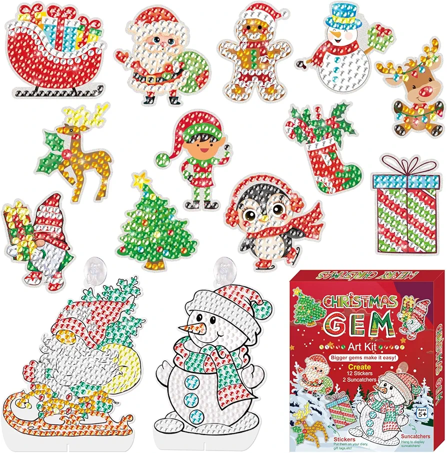 BANBBUR Christmas Gem Art Kit for Boys Girls-Make Your Own 12 PCS Christmas Stickers & 2 PCS Suncatchers,Gem Diamond Art Painting Creativity Christmas Crafts for Kids
