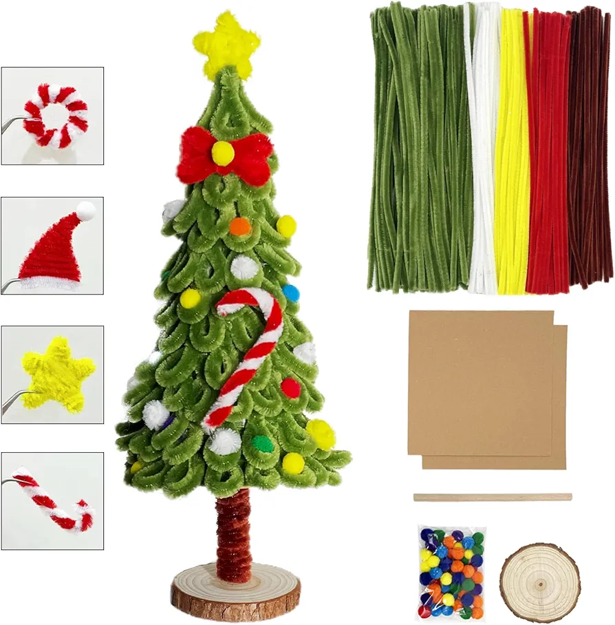 DARMA Simple Handmade Christmas Tree Creativity Set, Suitable for Beginners, 205 Pcs Pipe Cleaners Craft Supplies Pack, DIY Christmas Decorations, Gifts for Kids,Friends,Family