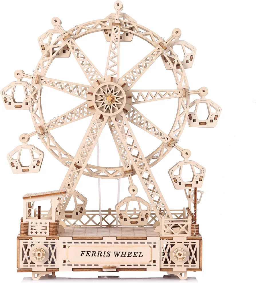 Ultimate 3D Wooden Puzzle Set: Mechanical Music Ferris Wheels, Lantern, Owl Clock, and Secret Password Box - DIY Craft Kits for Enthusiasts (Ferris Wheel-B)