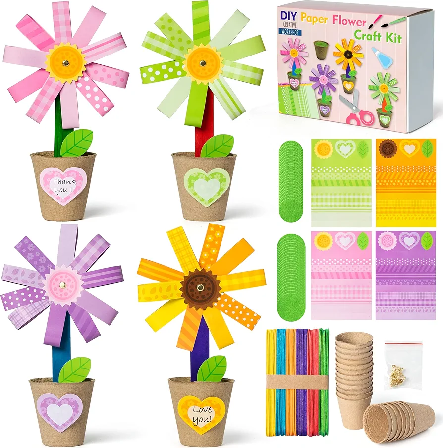 WATINC 24 Pack Teacher Appreciation Flower Paper Pot Craft Kits, Make Your Standing Flowers Gift Crafts Decor, Fun DIY Floral Sunflower Home Graduation School Classroom Art Activities for Kids