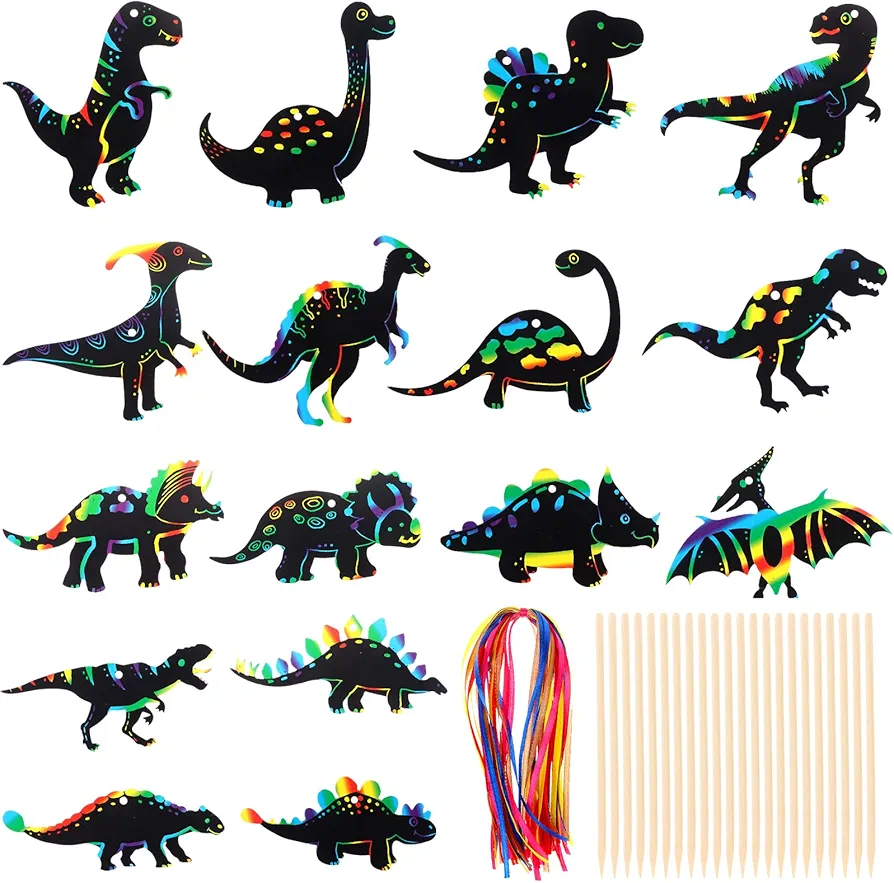 64 Pcs Dinosaur Theme Scratch Cards Rainbow Scratch Paper Dinosaur Crafts Art Card Kit DIY Scratch Dinosaur Paper with 64 Pcs Wood Stylus and 64 Pcs Ribbon for Classroom Craft Birthday Party Supplies