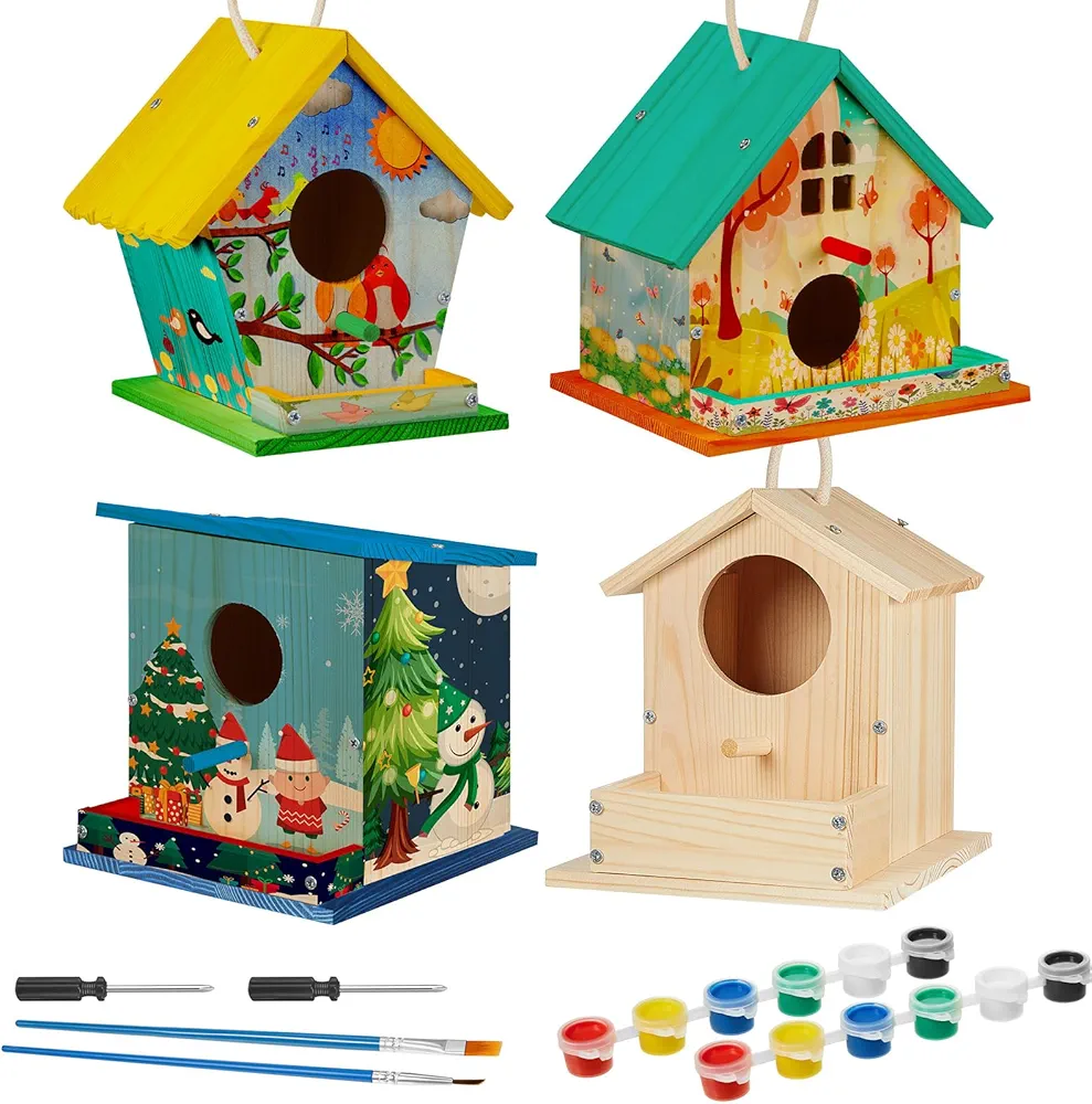 Liliful Birdhouse Kit DIY Wooden Bird House with Paint and Paintbrushes Arts and Crafts Painting Kits for Boys Girls Adults Build Paint Fun Classroom Birthday Indoor Outdoor Craft (4 Pack)