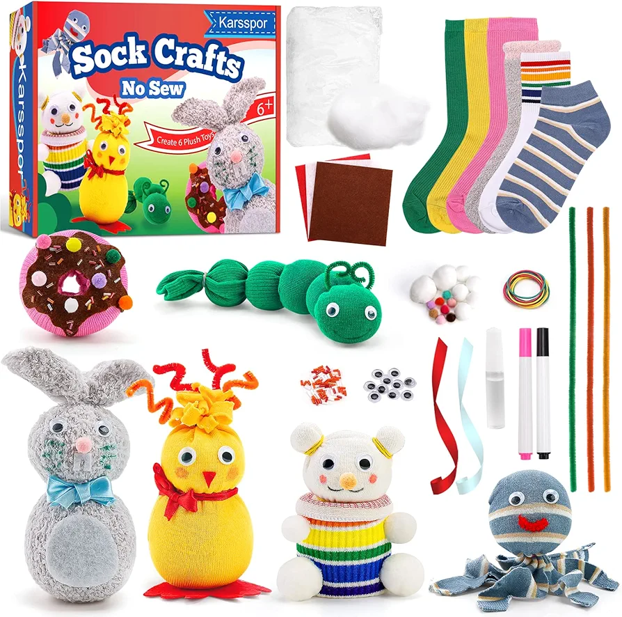 Karsspor Arts and Crafts for Kids Ages 7-12, Create 6 Cute Plush Toys with Sock, Creative Craft Gifts Includes All Supplies and Instruction for Girls and Boys, No Sew, Easy to DIY