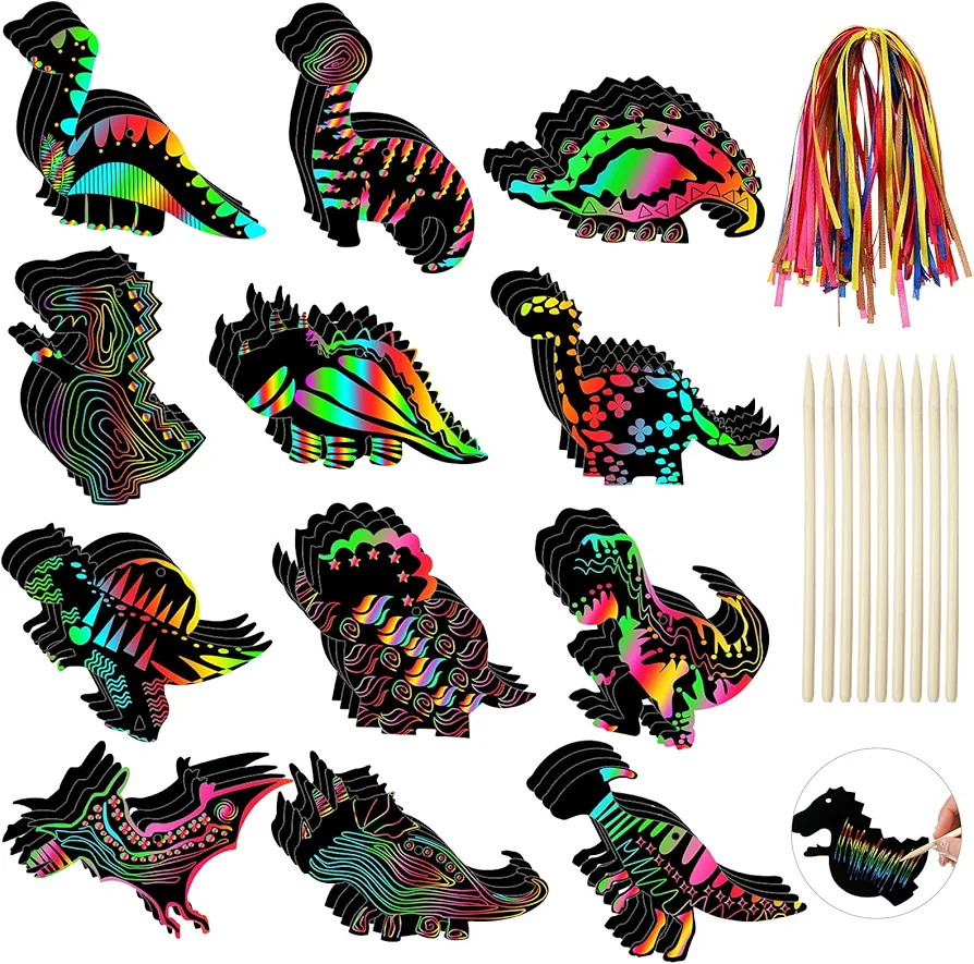 Deekin 72 Pieces Dinosaur Scratch Cards Rainbow Spring Scratch Crafts Dinosaur Party Favors with 36 Pieces Bamboo Stylus for Girls Boys Classroom Games DIY Crafts Home Ornaments, 12 Styles