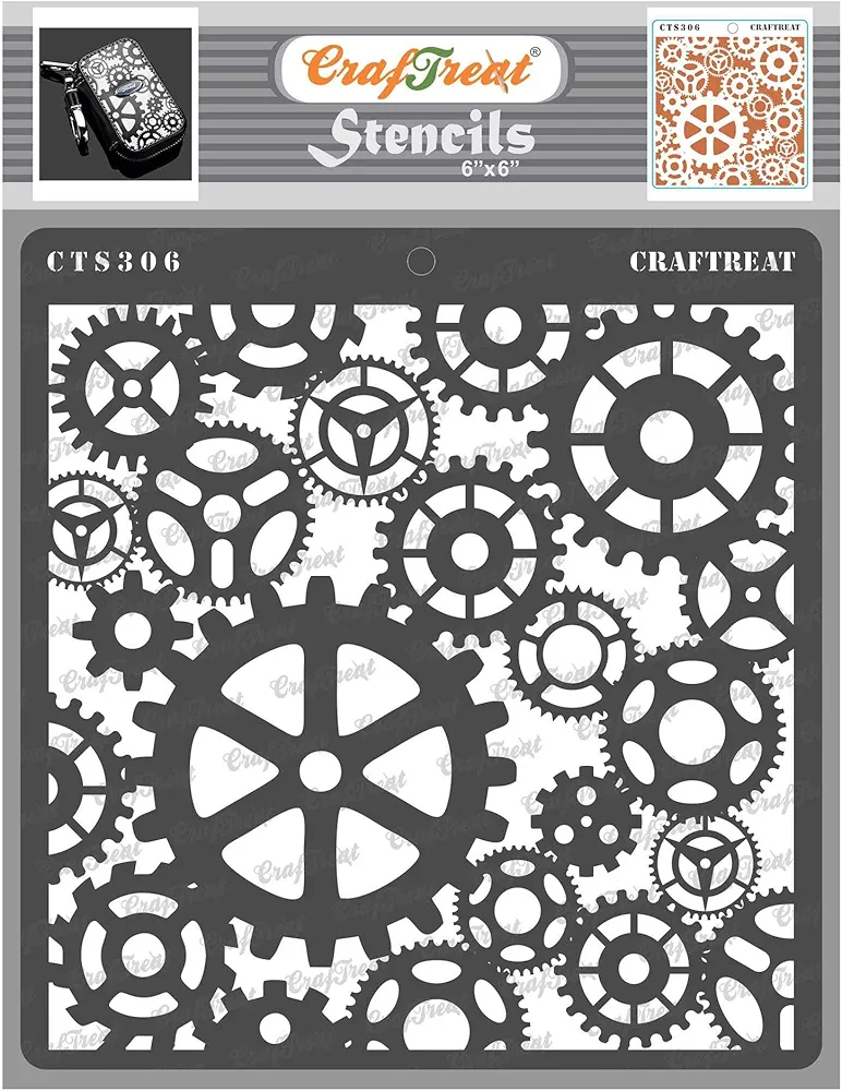 CrafTreat Steampunk Stencils for Painting on Wood, Canvas, Paper, Fabric, Floor, Wall and Tile - Gears Stencil - 6x6 Inches - Reusable DIY Art and Craft Stencils - Clock Gear Stencil