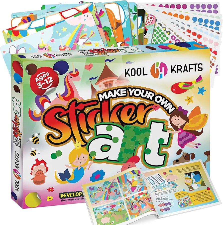 Princes, Fairies, Unicorns, Sticker Art Activity - 8 Large Colorful Sticker Fill in Projects - Mess Free Sticker Art for Kids, Craft Kits, DIY Activity, Gifts for Girls & Boys Ages 3, 4, 5, 6, 7, DIY