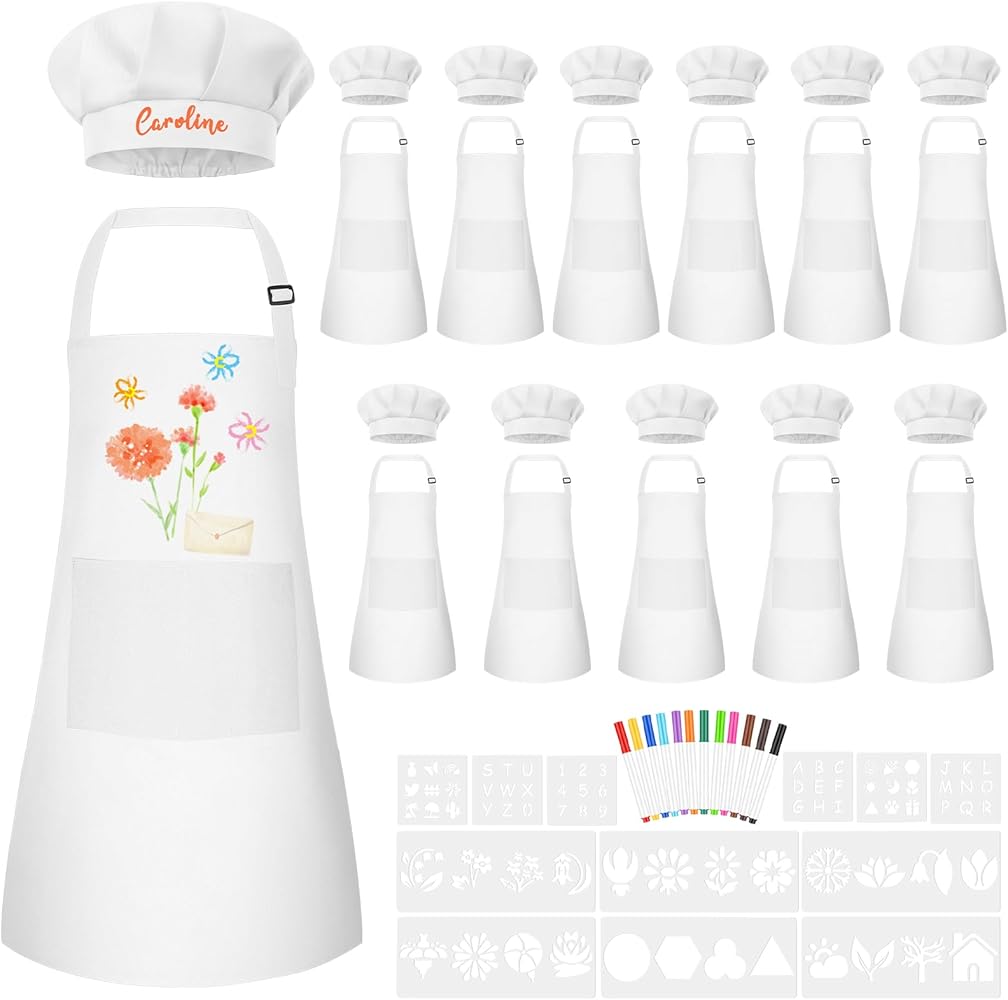 Kids Apron and Chef Hat Set Adjustable Toddler Apron with Colored Pen Template for Baking Painting Crafts