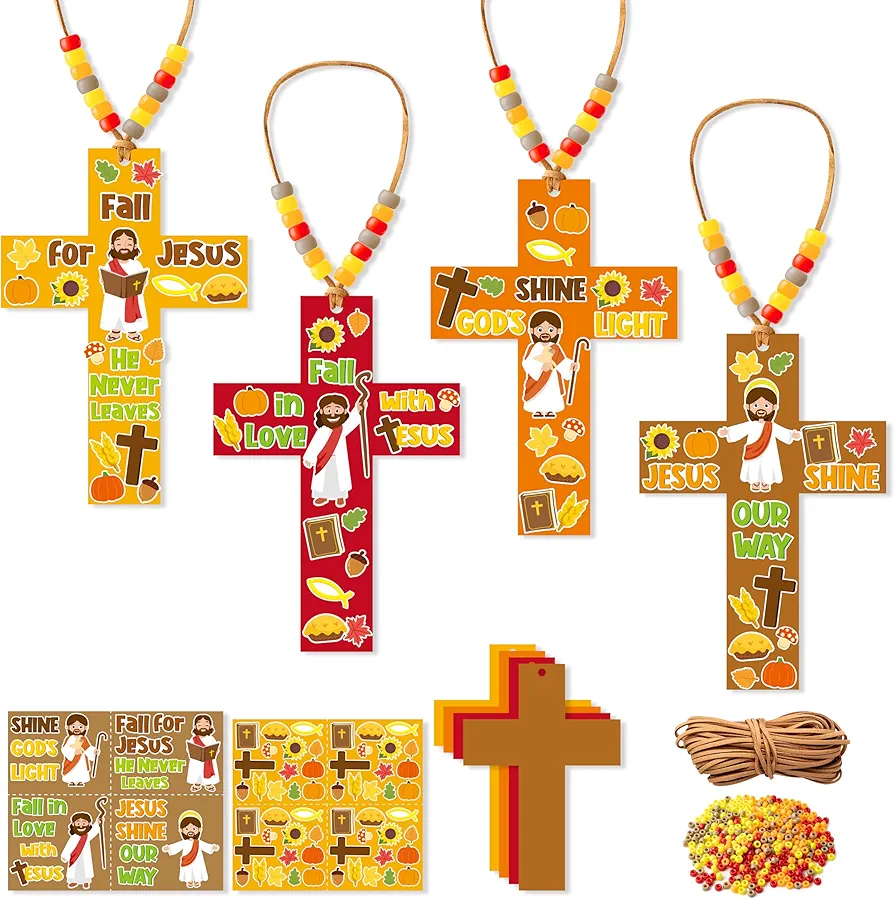 BeYumi Fall Cross Necklace Craft - 28Pcs Fall Religious Cross Necklace Craft Kit for Kids DIY Sticker Cross and Beads Necklace Autumn Thanksgiving Decor Sunday School Classroom Party Christian Favors