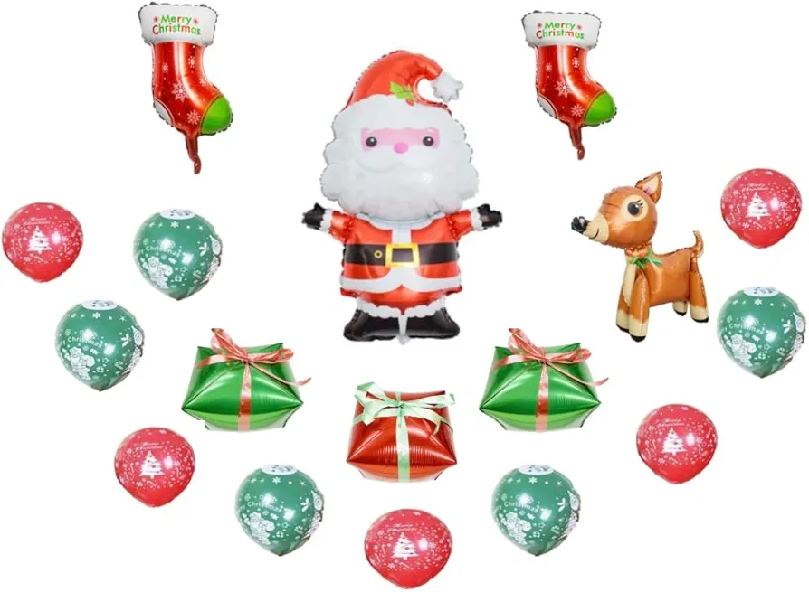 17PCS Christmas Balloon Set, Santa Foil Balloon, Christmas Stockings Balloons, Deer Balloon, Present Balloons, Red and Green Latex Christmas Balloons for Christmas Party Decorations