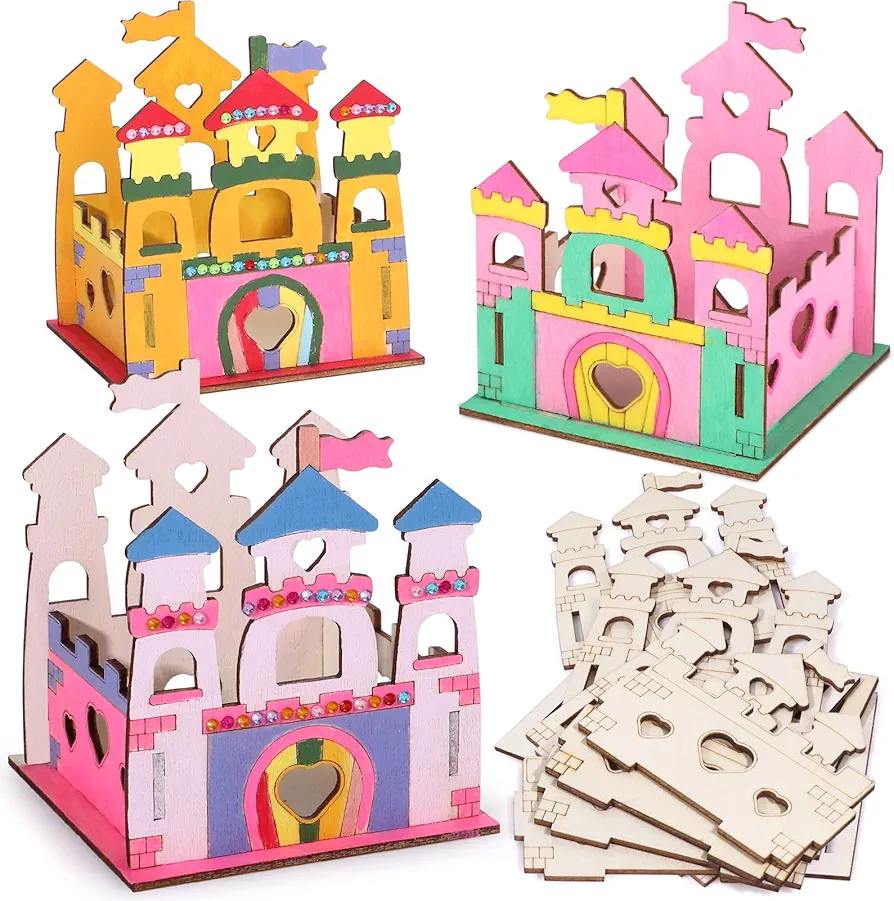 12 Set Build & Paint Wooden Castle Crafts Kit for Kids - Girls Princess Birthday Party Game Activity Art and Crafts for Kids Ages 4 5 6 7 8 - DIY Make Your Own Wood Princess Castle Unfinished Toys