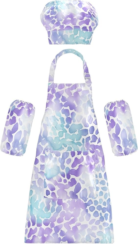 Watercolor Leopard Purple Kids Apron And Chef Hat Set for Boys Girls Cooking Adjustable Aprons Toddler Child Apron with Pocket Waterproof Gardening Chef Art Apron for Painting Crafting Baking