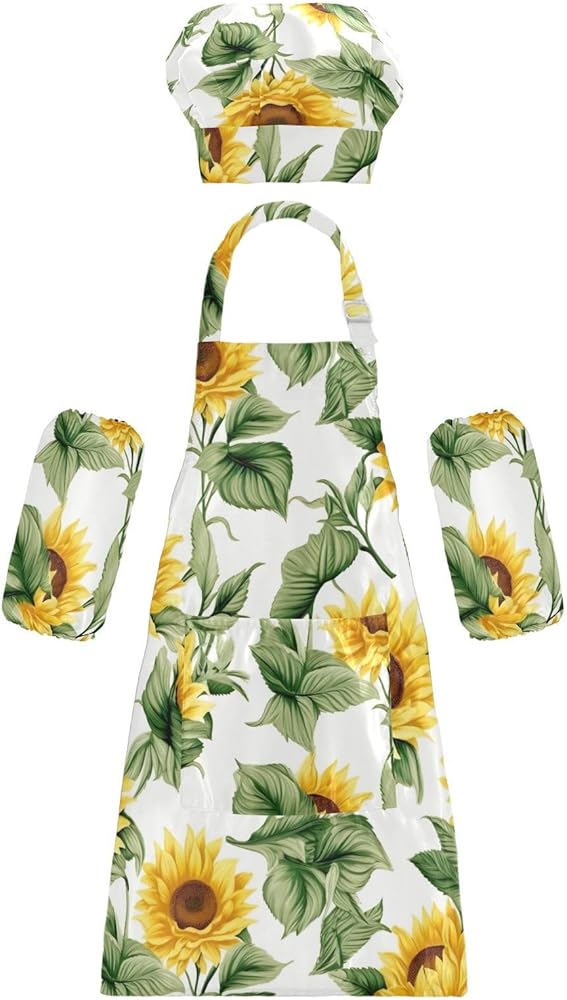 Sunflowers White Kids Apron And Chef Hat Set for Boys Girls Cooking Adjustable Aprons Toddler Child Apron with Pocket Lightweight Gardening Art Chef Apron for Baking Crafting Painting