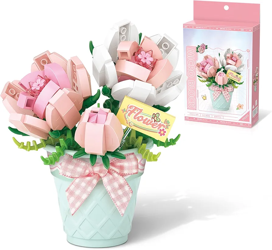 Rose Flowers Bouquet Building Set, Roses Toy Building Set with Vase, 230Pcs Micro Mini Bricks Artificial Flowers Building Collection Crafts Set, Gifts for Christmas, Mother's Day, Valentine's