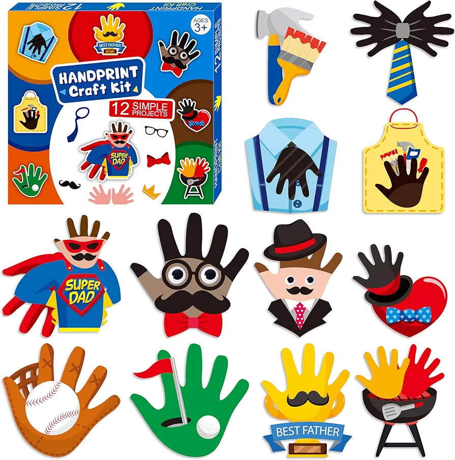 WATINC Appreciate Handprint Art Craft - 12Pcs Super Dad Easy DIY Kit,Tie Golf Baseball Thankful Themed Arts Supplies Preschool Classroom Hand Print Activity Party Favors for Kids Toddlers