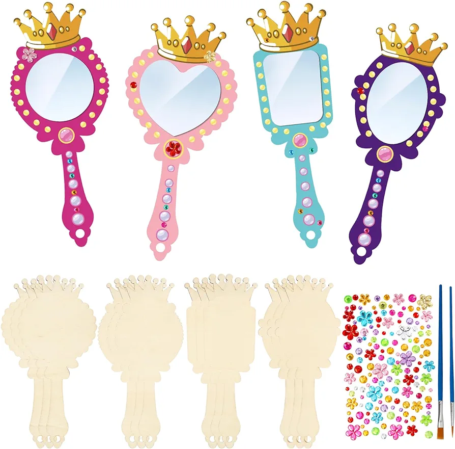 Fennoral 12 Pack Wooden Mirror Craft for Kids Decorate You Own Princess Mirrors for Girls DIY Paint Wooden Hand Mirror for Art Activities Birthday Mother's Day Gift