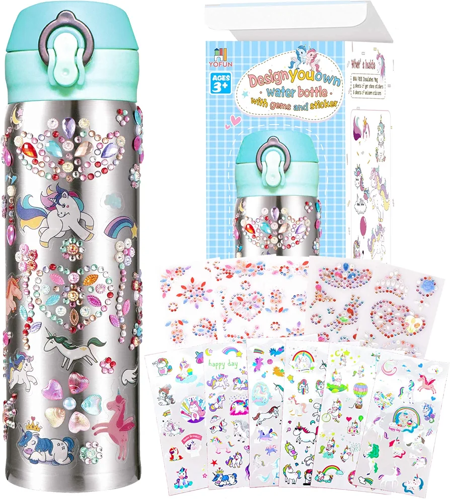 Y YOFUN Create Your Water Bottle with Tons of Rhinestone Gem Stickers - Craft Kit & DIY Art Set for Children, Gift for Girls - 17 OZ BPA Free Stainless Steel Vacuum Insulated Mug (Gemstone & Unicorn)